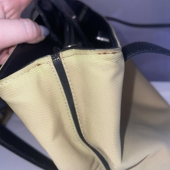 COACH Khaki Twill Canvas Leather Handle Shoulder Bag Purse 7402 Tan Black - Picture 14 of 16